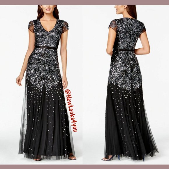 NEW Adrianna Papell Cap-Sleeve Beaded Gown in Black/Gunmetal [SZ 2 ]‎ - Picture 1 of 4